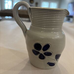 Salt Glaze Williamsburg Pottery Pitcher Cobalt Blue Floral Design Stamped